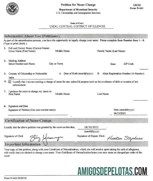 Certificado de alteração de nome de serviços de cidadania e imigração dos EUA amostra